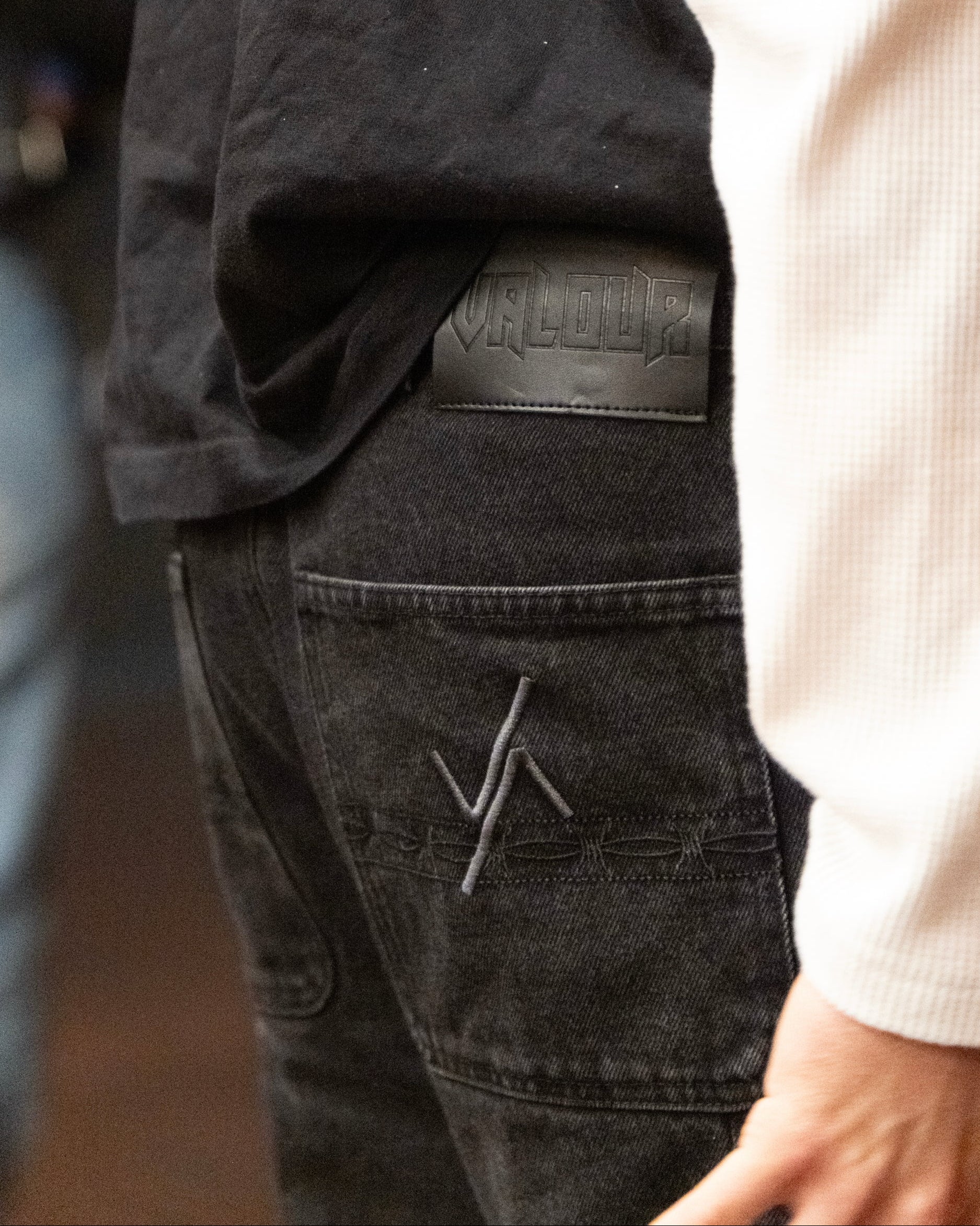 rear shot of the leather valour patch on the deadweight denim by valour apparel